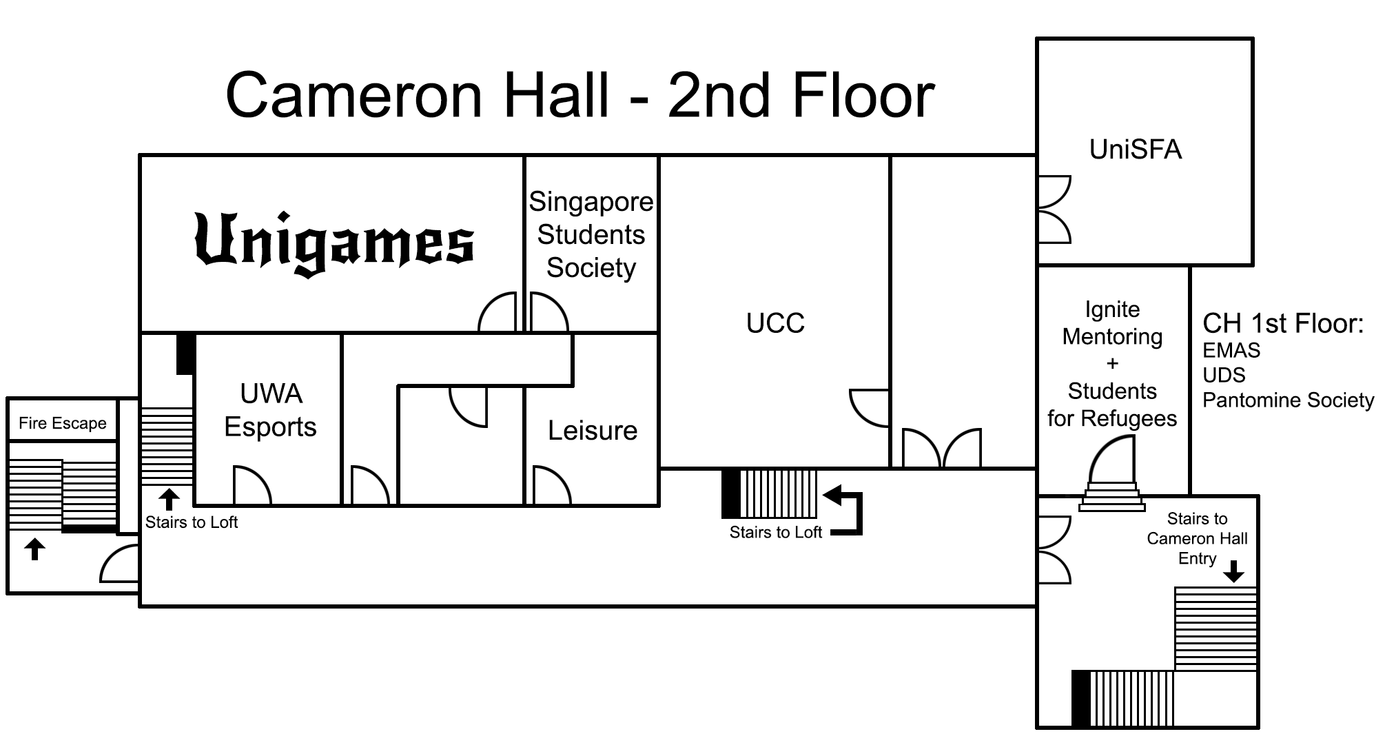 A map of the upper level of Cameron Hall, showing the location of Unigames